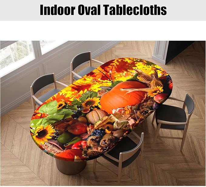 Thanksgiving Oval Fitted Tablecloths, Pumpkins with Sunflowers Pattern Print Elastic Edged Table Cover, Windproof Cloths for Dining Decor, Fits to 42x60 in, Orange