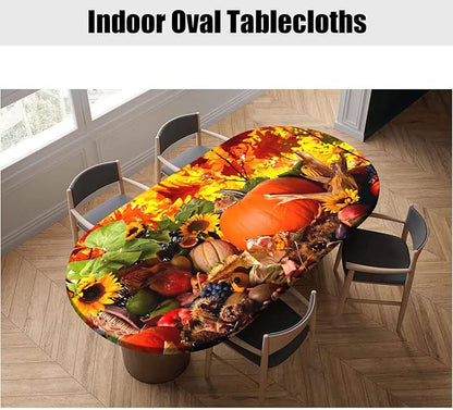 Thanksgiving Oval Fitted Tablecloths, Pumpkins with Sunflowers Pattern Print Elastic Edged Table Cover, Windproof Cloths for Indoor Outdoor Dining Decor, Fits to 60x84 in Table, Orange