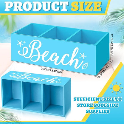 CroBlissful Beach Storage Basket Blue Summer Beach Wooden Box with 3 Compartments Toilet Tank Tray for Indoor Outdoor Swimming Pool Decor Sunblock Sunglasses Pool Toy Storage Box