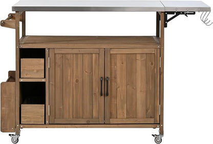 Christopher Knight Home Edsel Outdoor Bar Cart with Stainless Steel Top and Lockable Wheels, Solid Wood Outdoor Storage Cabinet, Kitchen Island Serving Cart for Poolside, Garden, Natural Brown+Silver