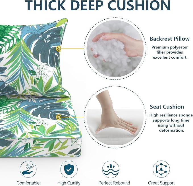 DYTXIII Outdoor Deep Seat Cushion Set, Water Repellent 22"x22" Patio Thick Cushions Replacement with Seat & Back Pillow for Patio Sofa, Wicker Chair, Couch - Islamorada Blue Green