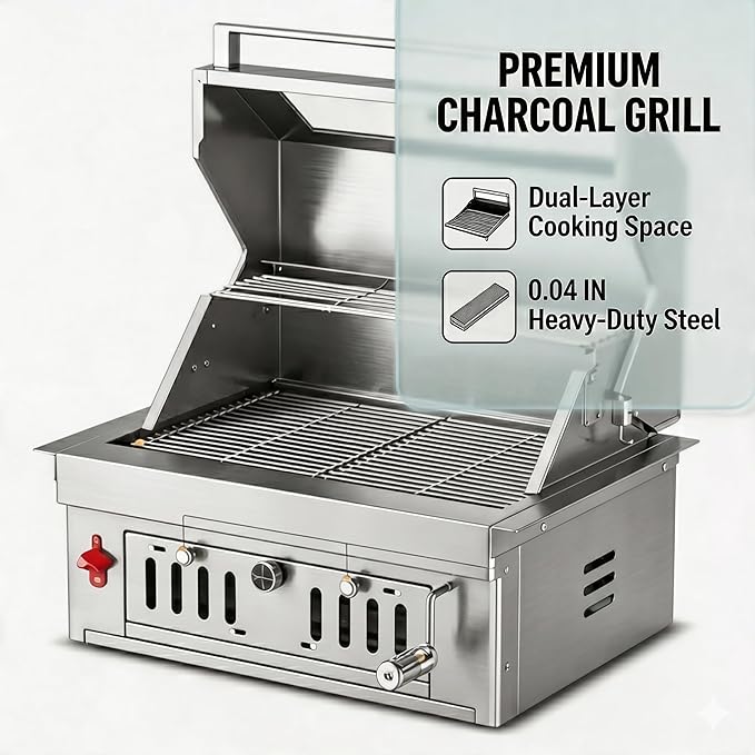 27-IN Premium Portable 304 Stainless Steel Built-in Charcoal Grill with Adjustable Charcoal Tray, Large Front Access Door, Side Vents, and Viewing Window,Ideal for Outdoor Family BBQ Gatherings