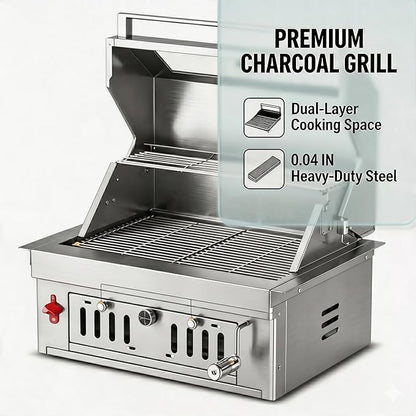 27-IN Premium Portable 304 Stainless Steel Built-in Charcoal Grill with Adjustable Charcoal Tray, Large Front Access Door, Side Vents, and Viewing Window,Ideal for Outdoor Family BBQ Gatherings