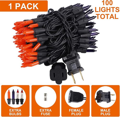 Orange&Purple Halloween Lights, 100 Count, Incandescent Mini Halloween String Lights Outdoor, Black Wire Connectable Tree Light for Garland Xmas Thanksgiving Holiday Patio Home Decor