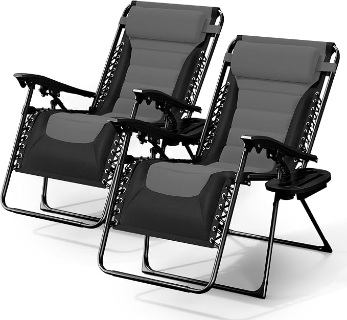 Nestl Padded Oversized Zero Gravity Chair, XL Outdoor Lounge Chair Set of 2 | Adjustable Headrest, Cup Holder & Side Tray, Support 330 LBS, Anti Gravity Reclining, For Patio, Camping & Beach, Black/Grey