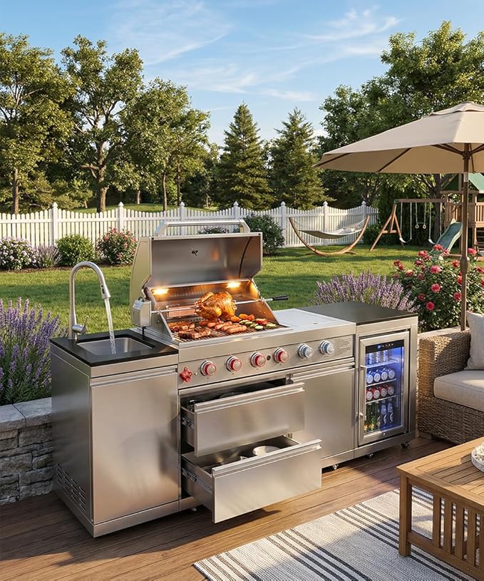BBQ Outdoor Kitchen Island Grill Barbecue Modular Patio Kitchens Kits with Electric Rotisserie, Sink, fridge, and Burner for More than 10 People (Silver 85'')