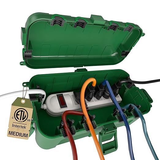 Flemoon Medium Outdoor Electrical Box (11.5x5.2x4 inch), IP54 Waterproof Extension Cord Cover w/6 Cable Entry Ports, Weatherproof Connection Box for Power Strip, Timer, Plug, Holiday Lights, Green