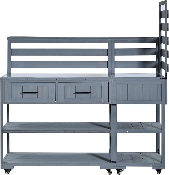 Outdoor Kitchen Cart with Stainless Steel Top, 62.3 Inch | Fir wood frame, stainless surface, raised shelf, fixed shelf, 2 lockable wheels, split-use design, BBQ prep, patio garden use
