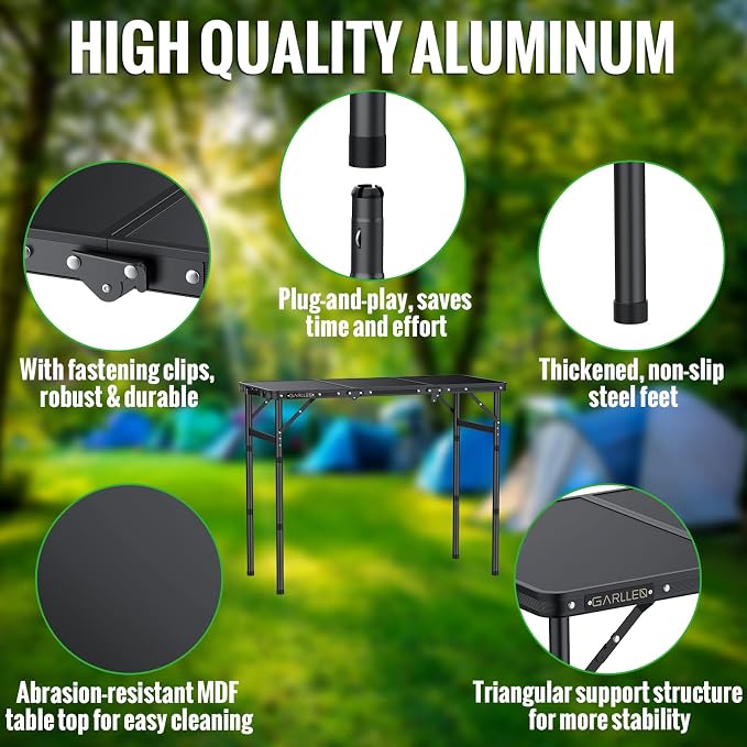 GARLLEN Folding Camping Table Max Capacity 66lbs, 3-Height Adjustable Portable Camping Table with Storage Bag, Lightweight Aluminum Picnic Table for Outdoor, Beach, BBQ, 34.2" L x 15.7" W, Black