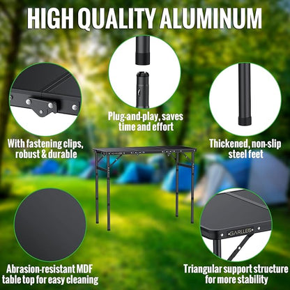 GARLLEN Folding Camping Table Max Capacity 66lbs, 3-Height Adjustable Portable Camping Table with Storage Bag, Lightweight Aluminum Picnic Table for Outdoor, Beach, BBQ, 34.2" L x 15.7" W, Black