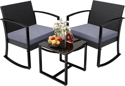 Greesum 3 Pieces Outdoor Furniture Set Patio Bistro Rocking Chairs with Glass Coffee Table for Pool Beach Backyard Balcony Porch Deck Garden, Gray