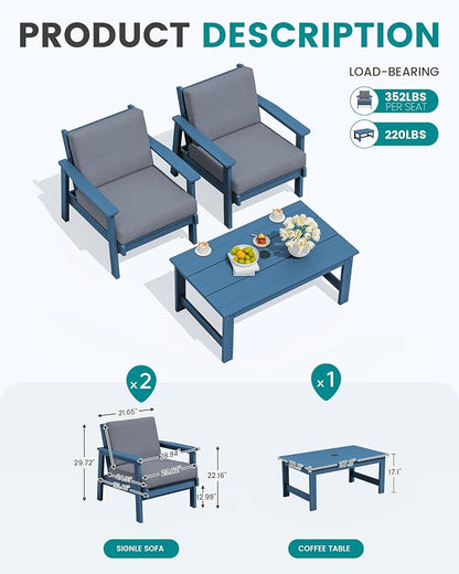 SERWALL HDPE Outdoor Couch, Blue Frame and Grey Cushion