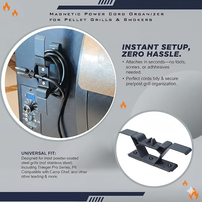 Magnetic Power Cord Organizer for Traeger Pellet Grills and Smokers - Three powerful magnets with anti-slip design for Tangle-Free Cord Storage, Fits Most Pellet Smoker Accessory