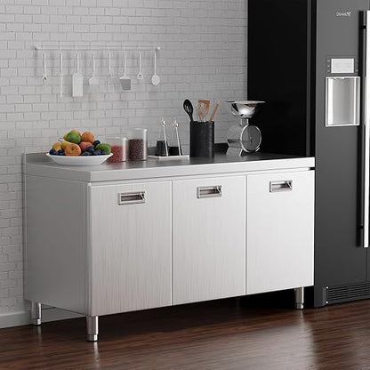 ZZV 55" x 21" Stainless Steel Table Cabinet for Prep & Work, Heavy Duty Prep Table with 3 Pull-Out Doors, Commercial Workbench with Cabinet for Kitchen, Restaurant, Hotel, Garage, and Warehouse