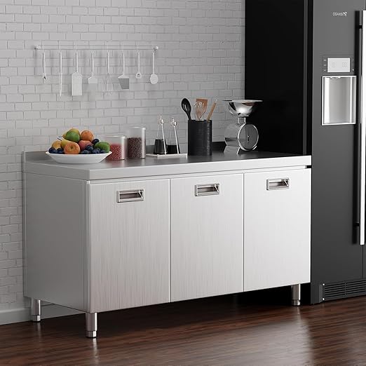 ZZV 55" x 21" Stainless Steel Table Cabinet for Prep & Work, Heavy Duty Prep Table with 3 Pull-Out Doors, Commercial Workbench with Cabinet for Kitchen, Restaurant, Hotel, Garage, and Warehouse
