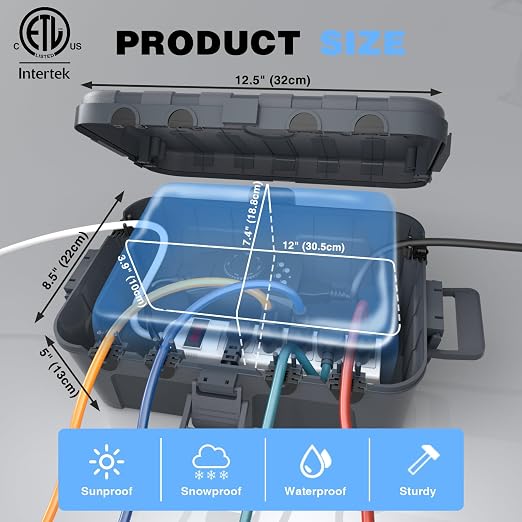 Flemoon Large Outdoor Electrical Box (12.5 x 8.5 x 5 inch), IP54 Waterproof Outdoor Extension Cord Cover Weatherproof, Protect Outlet, Plug, Socket, Timer, Power Strip, Holiday Light Decoration,Gray