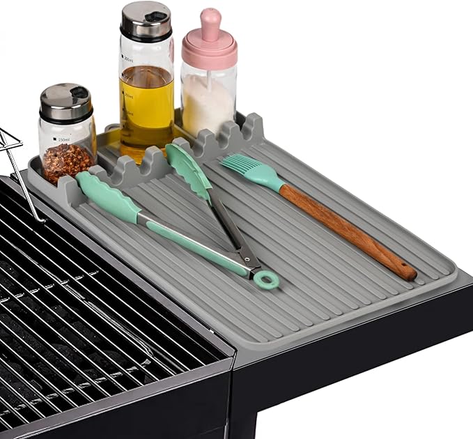 Silicone Griddle Tool Mat, Griddle Accessories, Side Shelf Spatula Mat with Drip Pad, BBQ Tool Holder, Utensil Rest for Kitchen Counter, Blackstone Large Silicone Caddy, Blackstone Organizer (Grey)