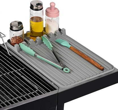 Silicone Griddle Tool Mat, Griddle Accessories, Side Shelf Spatula Mat with Drip Pad, BBQ Tool Holder, Utensil Rest for Kitchen Counter, Blackstone Large Silicone Caddy, Blackstone Organizer (Grey)