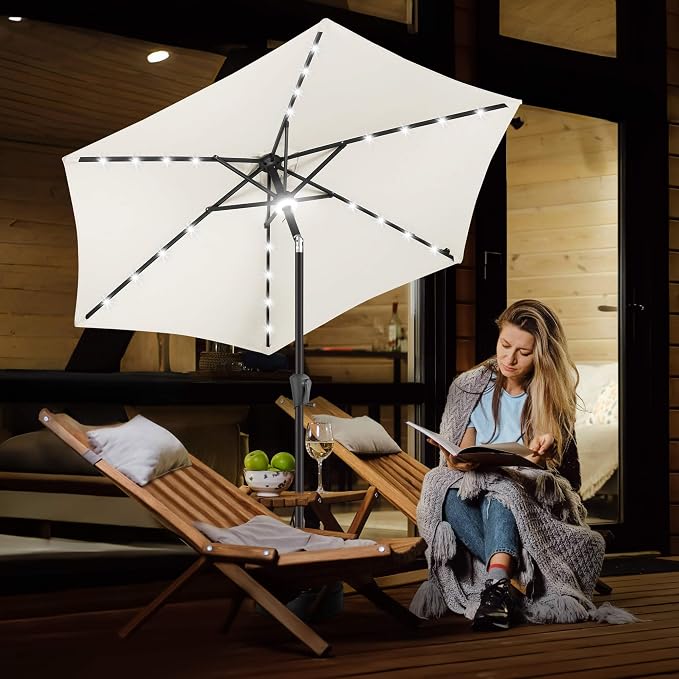 FLAME&SHADE Solar Patio Umbrella with Centre Light, 7.5 FT Ivory | UV Protection, Small Solar Outdoor Umbrella for Porch, Deck, Backyard, Garden, Provides Evening Lighting, 24 LED Lights