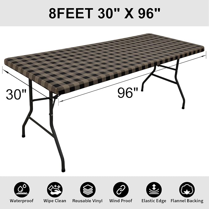 Smiry Rectangle Picnic Table Cloth, Elastic Waterproof Fitted Vinyl Tablecloths, Flannel Backed Buffalo Plaid Table Covers for Dining, Camping, Outdoor (Black and Khaki, 30" x 96")