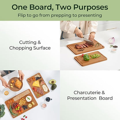 Keechee Butcher Block 2-Pcs Carbonized Bamboo Cutting Board Set With Juice Groove For Meal Prep & Cheese Serving - Ideal Kitchen Gift Set of 2 (M+L)