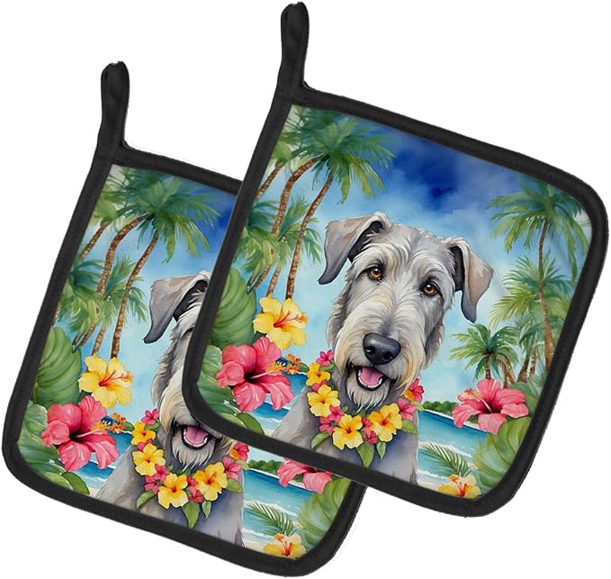 Caroline's Treasures Irish Wolfhound Luau Pair of Pot Holders Kitchen Heat Resistant Pot Holders Sets Oven Hot Pads for Cooking Baking BBQ, 7 1/2 x 7 1/2