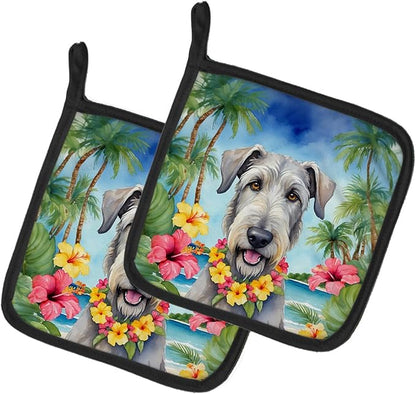 Caroline's Treasures Irish Wolfhound Luau Pair of Pot Holders Kitchen Heat Resistant Pot Holders Sets Oven Hot Pads for Cooking Baking BBQ, 7 1/2 x 7 1/2