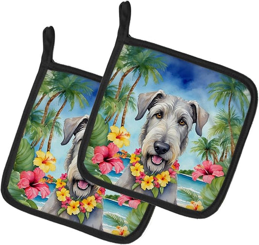 Caroline's Treasures Irish Wolfhound Luau Pair of Pot Holders Kitchen Heat Resistant Pot Holders Sets Oven Hot Pads for Cooking Baking BBQ, 7 1/2 x 7 1/2