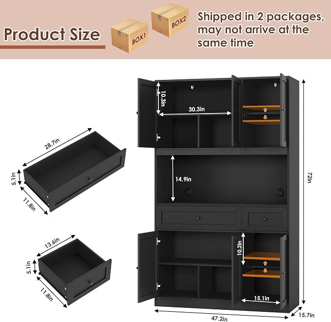 BOTLOG 72" Kitchen Pantry Cabinet Microwave Stand, 10 Storage Compartments | 2 Drawers, Large Capacity, 47.2-inch wide Countertop, Kitchen Hutch utch for Dining Room (Black)
