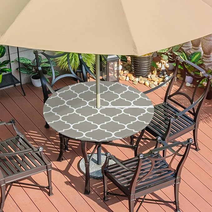 Fitted Round Tablecloth with Umbrella Hole and Zipper Grey Moroccan Outdoor Elastic Table Cloth 45"-56" Oil-Proof Waterproof Patio Table Cover for Dining Picnic Party