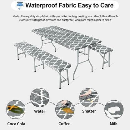 OutdoorLines Vinyl Fitted Picnic Table Cover with Bench Covers | Elastic Waterproof Camping Tablecloth for Picnic Table (Moroccon Gray 96x30 Inch, 3 Pcs)