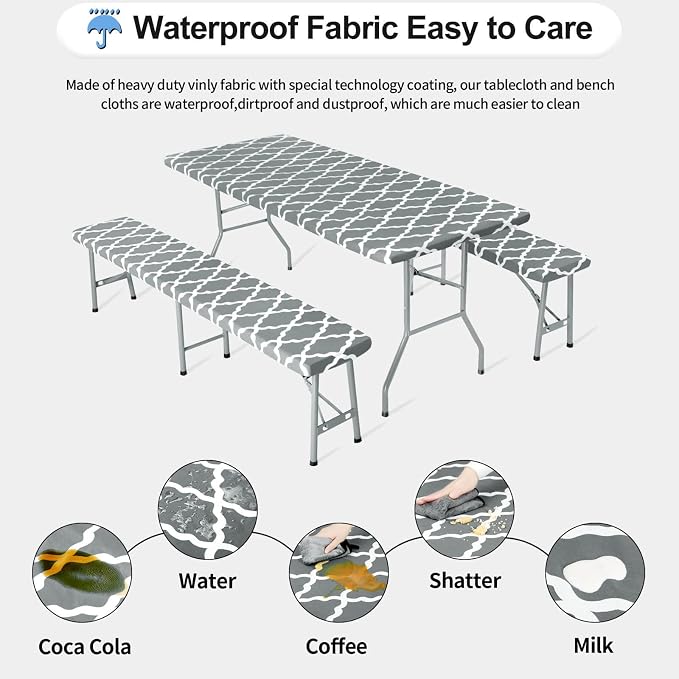OutdoorLines Vinyl Fitted Picnic Table Cover with Bench Covers | Elastic Waterproof Camping Tablecloth for Picnic Table (Moroccon Gray 72x30 Inch, 3 Pcs)