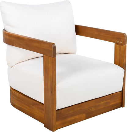 Christopher Knight Home Chloe Acacia Wood Lounge Chair Outdoor Set of 2, Curved Tub Design Accent Chairs with Weather Resistant Cushion, Comfy Low Profile Reading Seating for Backyard, Teak+ Beige