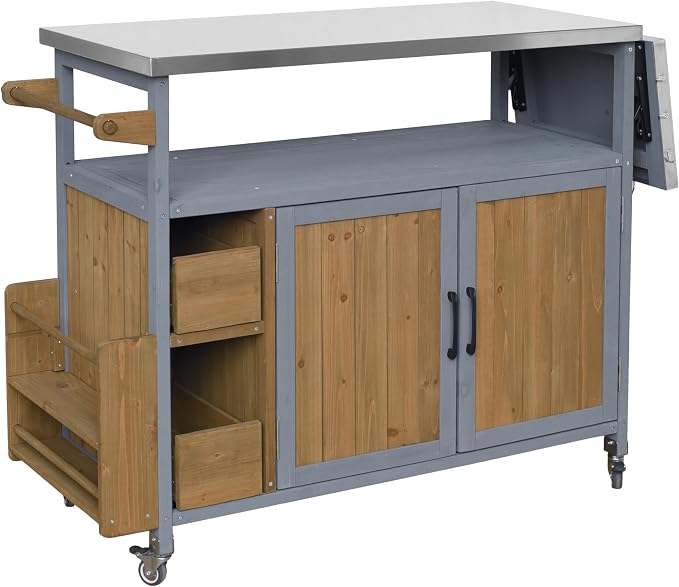 Christopher Knight Home Edsel Outdoor Bar Cart with Stainless Steel Top and Lockable Wheels, Solid Wood Outdoor Storage Cabinet, Kitchen Island Serving Cart for Poolside, Walnut Brown+Blue Gray