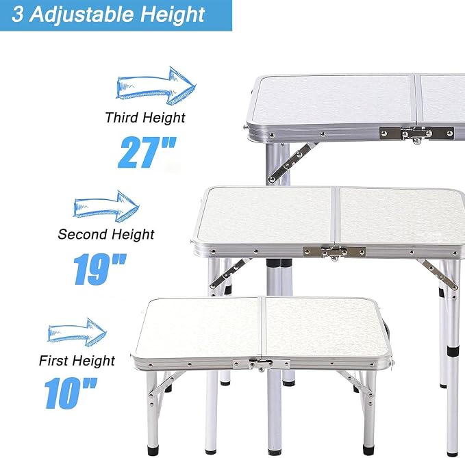 YUFIFAIRY Small Folding Table Portable, 24" L x16 W Foldable Camp Table | Lightweight Aluminum Folding Camping Table with Storage Net for Indoor Outdoor Cooking Picnic, 3 Adjustable Height Max 27.5"