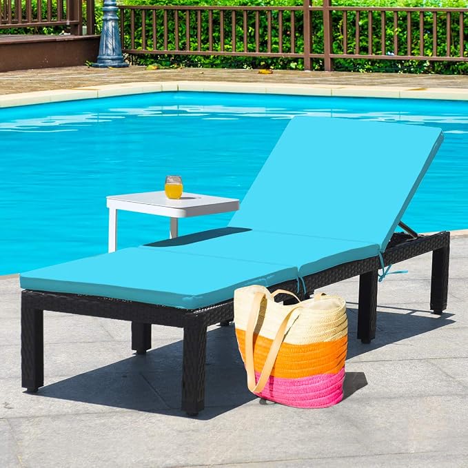 Tangkula Patio Wicker Lounge Chair, Outdoor Rattan Adjustable Reclining Backrest Lounger Chairs, Modern Outside Rattan Chaise with Seating and Back Cushion (1, Turquoise)