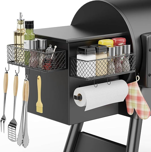 Ormeli 2 Pack Magnetic Storage Bin for Traeger Smoker Grill Caddy with Paper Towel Holder, Grill Basket for Some Models of Traeger/Pit Boss/Z Grill Smoker Accessories, Griddle Caddy for Outdoor