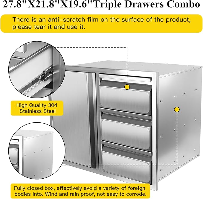 Outdoor Kitchen Drawer Combo, Stainless Steel Sealed Storage Combo with Triple Drawer, Outdoor Kitchen for BBQ Island, Grilling Station, Outside Cabinet (27.8" W x 21.8" D x 19.6" H)（Right Drawer）