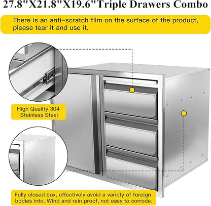Outdoor Kitchen Drawer Combo, Stainless Steel Sealed Storage Combo with Triple Drawer, Outdoor Kitchen for BBQ Island, Grilling Station, Outside Cabinet (27.8" W x 21.8" D x 19.6" H)（Right Drawer）