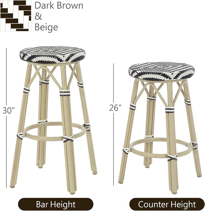 Seadrift Boho 26-inch Aluminum and All-Weather Wicker Barstools with Footrest, Patio Stools & Bar Chairs for Outdoor, Kitchen Counter, Poolside, Yard, Set of 2, Dark Brown and Beige