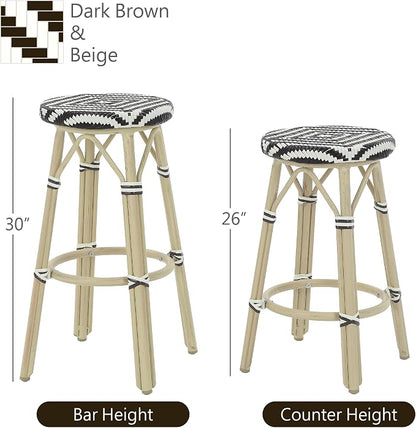 Seadrift Boho 26-inch Aluminum and All-Weather Wicker Barstools with Footrest, Patio Stools & Bar Chairs for Outdoor, Kitchen Counter, Poolside, Yard, Set of 2, Dark Brown and Beige