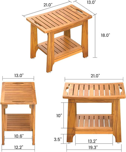 NNN 21" Standard Teak Shower Bench with Japan-Made Non-Slip Leveling Feet | US Patented Design, Marine-Grade Hardware, Pre-Oiled European Teak Oil, Ready, 300lb, for Showers Spa Sauna & Outdoor Pools