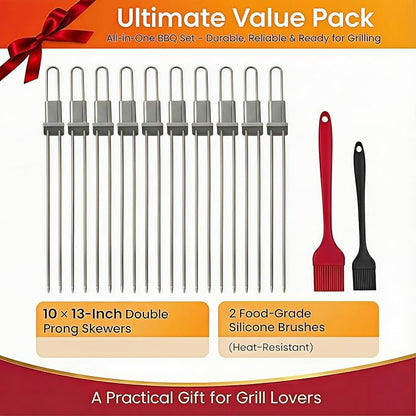 Kabob Skewers for Grilling, 10 Pack 13" Double Pronged with Push Bar, Stainless Steel BBQ Skewers with 2 Brushes, Reusable for Meat, Shrimp, Chicken, Veggie, Perfect for Camping & Family Use.