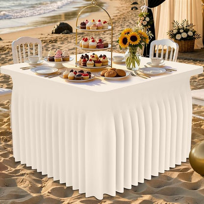 Smiry Spandex Elastic Fitted Table Cloth Skirt for 3FT Square Table | Stretch Washable Table Cloth, Banquet Table Cover for Wedding, Party, Indoor & Trade Shows, (Beige, 34Lx34Wx30H)