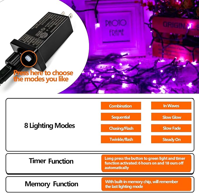 75.8FT 200 LED Extendable Purple Halloween String Lights Indoor Outdoor | Timer & Memory Function & 8 Modes Plug in String Lights Waterproof for Creepy Halloween Tree Roof Haunted House Decorations