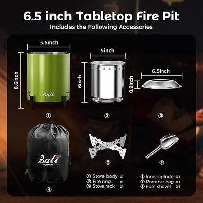 BALI OUTDOORS 6.5 inch Tabletop Fire Pit Round, Stainless Steel Table Top Firepit Small, Outdoor Smokeless Firepit Portable, Green