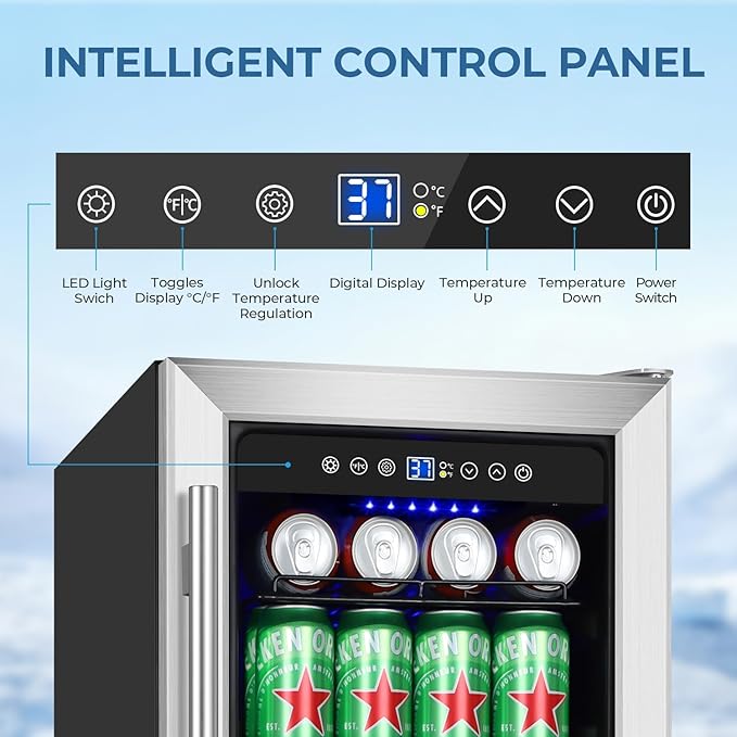15 Inch Beverage Refrigerator Under Counter, 130 Cans Beverage Fridge Built-in or Freestanding, 15" Drink Cooler with Glass Door, Blue LED Light, Safety Lock - for Home/Kitchen(3.1 cu.ft)