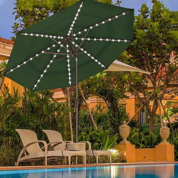 EliteShade USA 10-Year-Non-Fading 9ft 3-Tier Market Patio Umbrella, Commercial Table Umbrella with 80 Solar LED Lights, Crank Open, Windproof & UPF 50+ UV Protection for Garden, Deck, Pool, Backyard, Fern