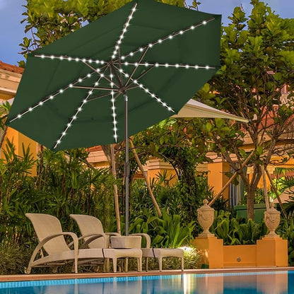 EliteShade USA 10-Year-Non-Fading 9ft 3-Tier Market Patio Umbrella, Commercial Table Umbrella with 80 Solar LED Lights, Crank Open, Windproof & UPF 50+ UV Protection for Garden, Deck, Pool, Backyard, Fern