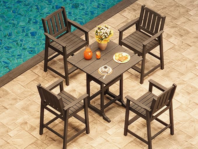 Garvee 5-Piece Outdoor Adirondack Bar Set, Patio Bar Table with 4 Bar Chairs, HDPE All-Weather Patio Bar Furniture Set with Umbrella Hole, for Balcony, Backyard, Poolside, Bistro
